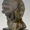 Art Deco bronzen beeld buste Indiaan met hoofdtooi