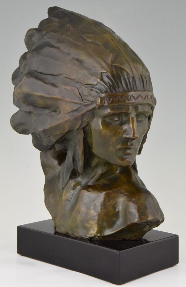 Art Deco bronze bust of an Indian with headdress