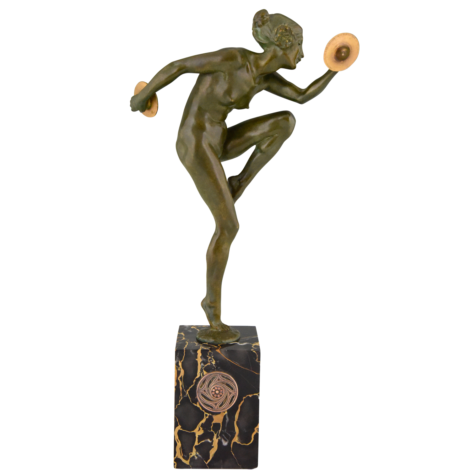 Art Deco bronzen sculptuur naakte danseres met cimbalen