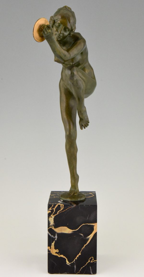 Art Deco bronzen sculptuur naakte danseres met cimbalen