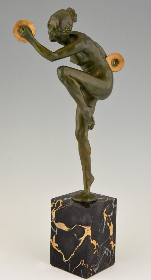 Art Deco bronzen sculptuur naakte danseres met cimbalen