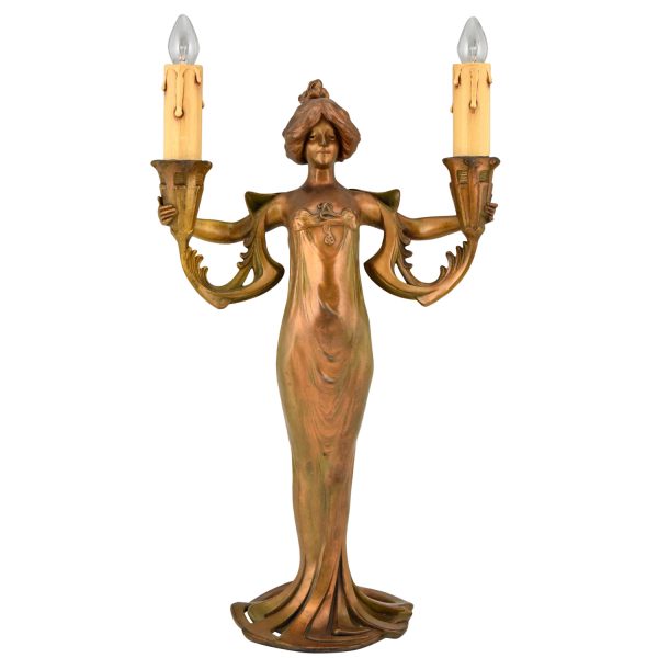 Art Nouveau figural lamp lady with candles