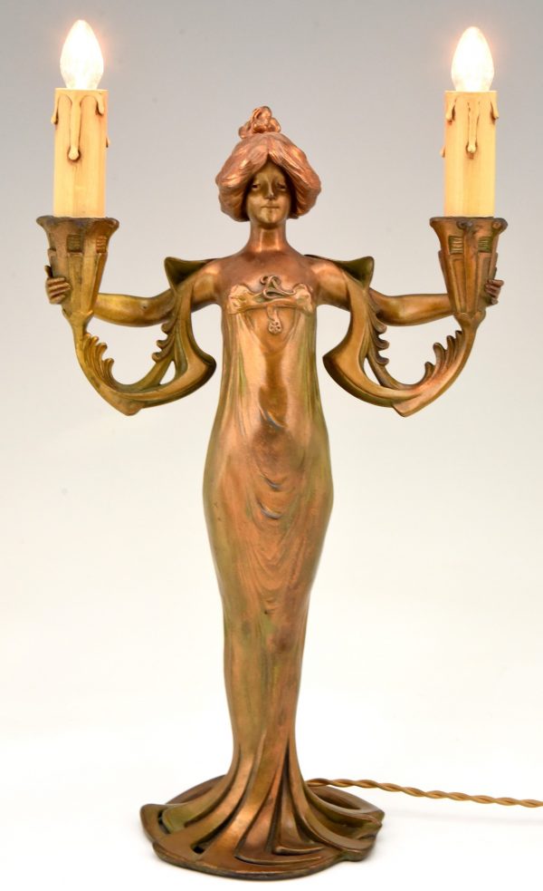 Art Nouveau figural lamp lady with candles