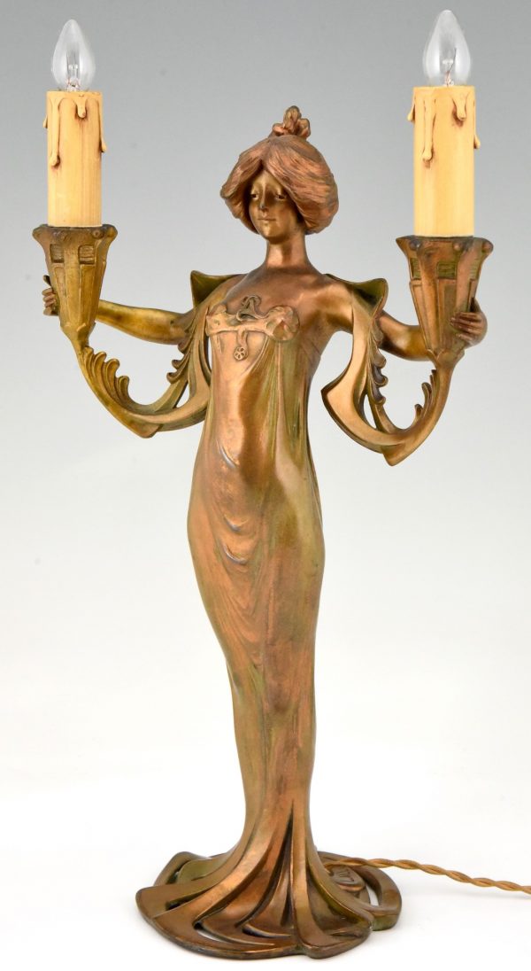 Art Nouveau figural lamp lady with candles