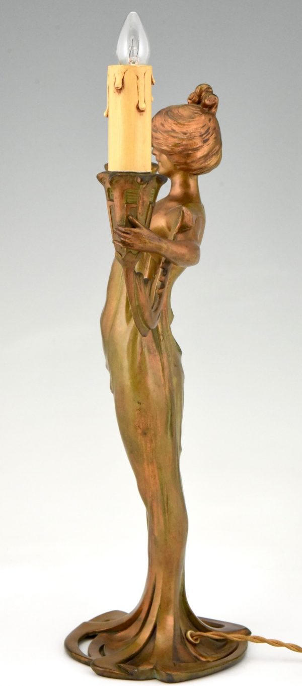 Art Nouveau figural lamp lady with candles