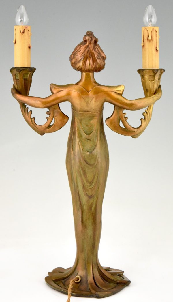 Art Nouveau figural lamp lady with candles