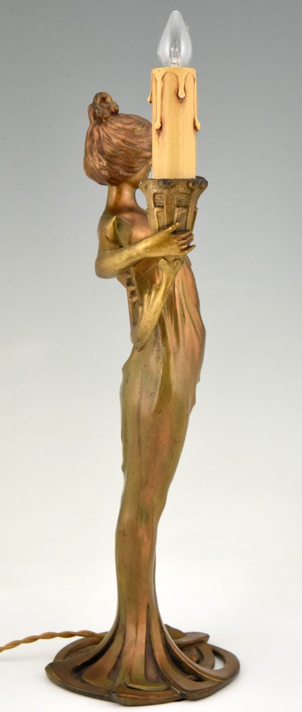 Art Nouveau figural lamp lady with candles