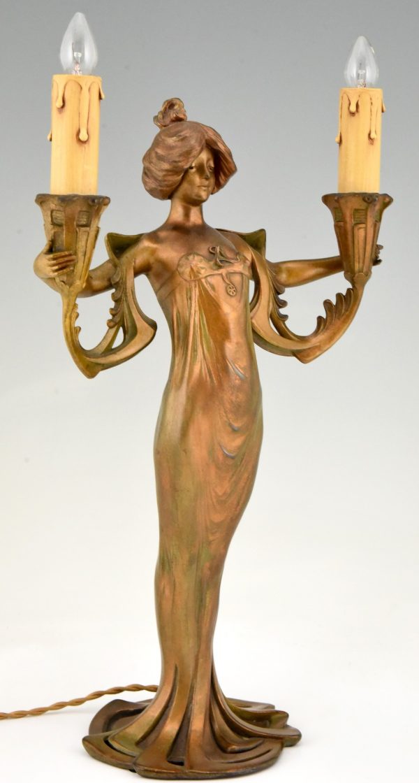 Art Nouveau figural lamp lady with candles