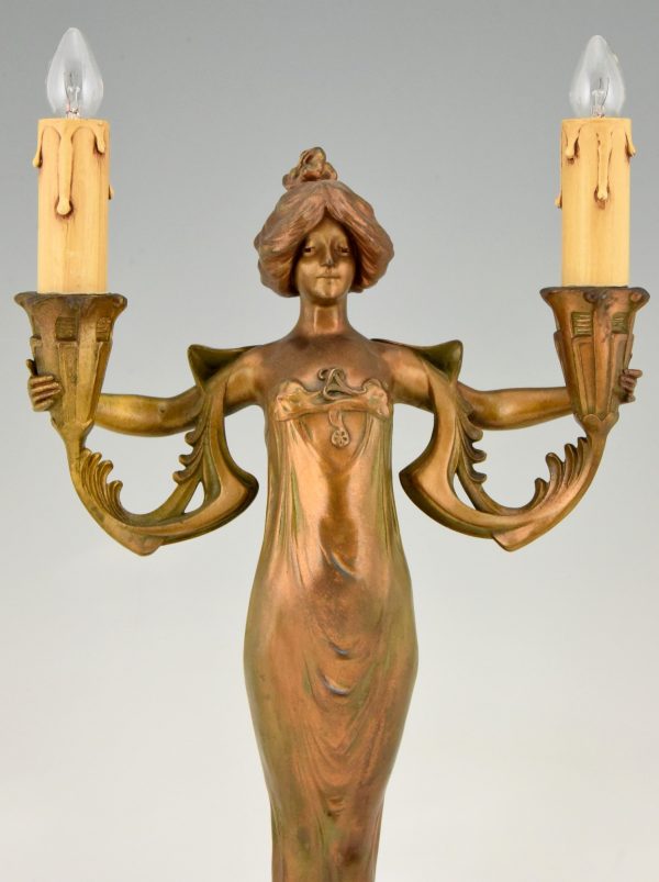 Art Nouveau figural lamp lady with candles