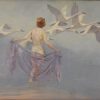 Art Deco schilderij naakte vrouw met zwanen