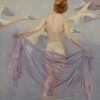 Art Deco tableau femme nue avec des cygnes
