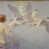 Art Deco tableau femme nue avec des cygnes