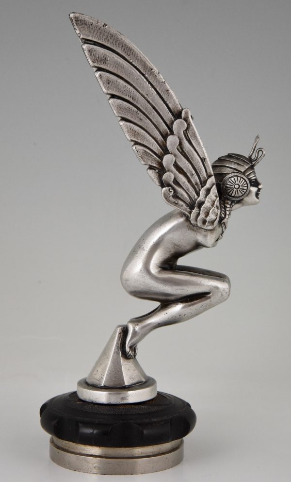Art Deco silvered bronze car mascot Egyptian winged nude