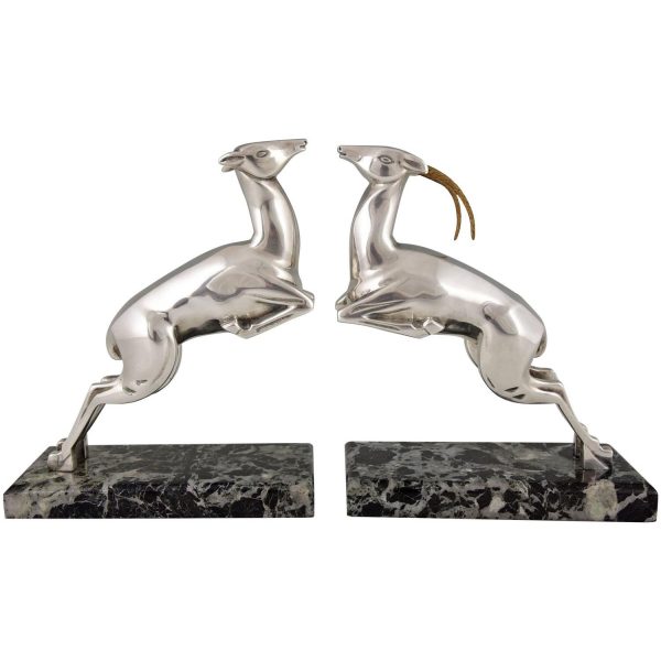 Art Deco leaping deer silvered bronze bookends