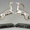 Art Deco leaping deer silvered bronze bookends