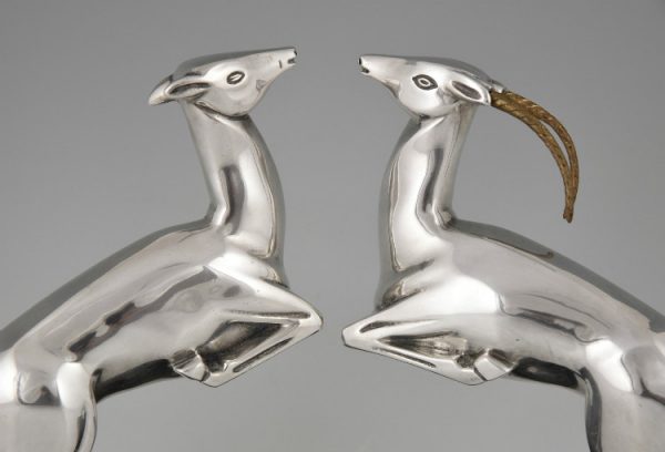 Art Deco leaping deer silvered bronze bookends