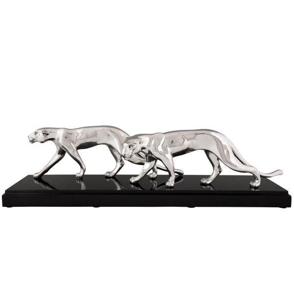 Art Deco silvered sculpture of two panthers