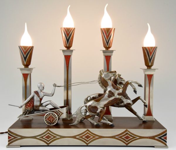 Art Deco table lamp with charioteer and horses