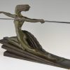 Amazone, Art Deco bronzen beeld naakte vrouw met speer.