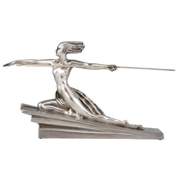 Amazon Art Deco silvered bronze sculpture of a nude with spear