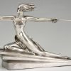 Amazon Art Deco silvered bronze sculpture of a nude with spear