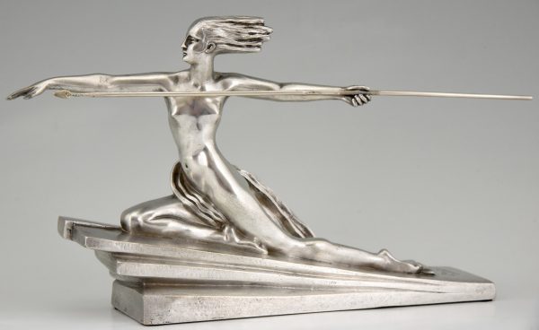 Amazon Art Deco silvered bronze sculpture of a nude with spear