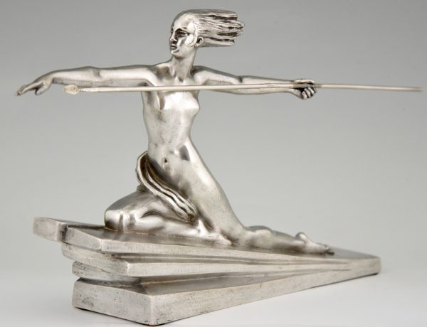 Amazon Art Deco silvered bronze sculpture of a nude with spear