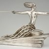 Amazon Art Deco silvered bronze sculpture of a nude with spear