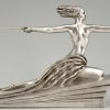 Amazon Art Deco silvered bronze sculpture of a nude with spear