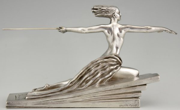 Amazon Art Deco silvered bronze sculpture of a nude with spear