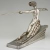 Amazone Art Deco bronzen sculptuur naakt met speer