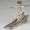 Amazon Art Deco silvered bronze sculpture of a nude with spear