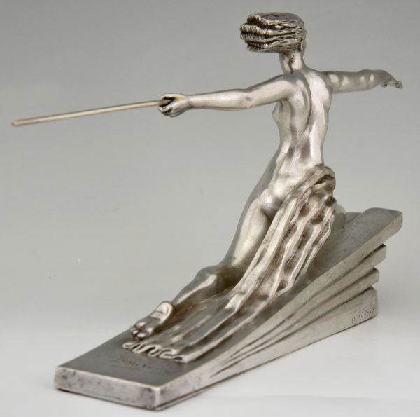 Amazon Art Deco silvered bronze sculpture of a nude with spear