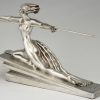 Amazon Art Deco silvered bronze sculpture of a nude with spear