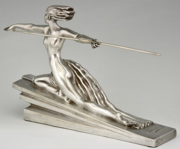 Amazon Art Deco silvered bronze sculpture of a nude with spear