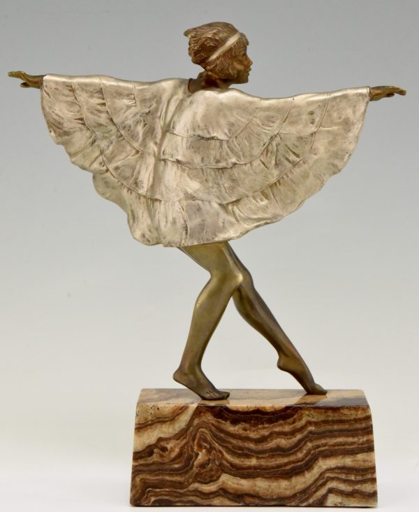 Art Deco bronzen sculptuur danseres in vlinder jurk