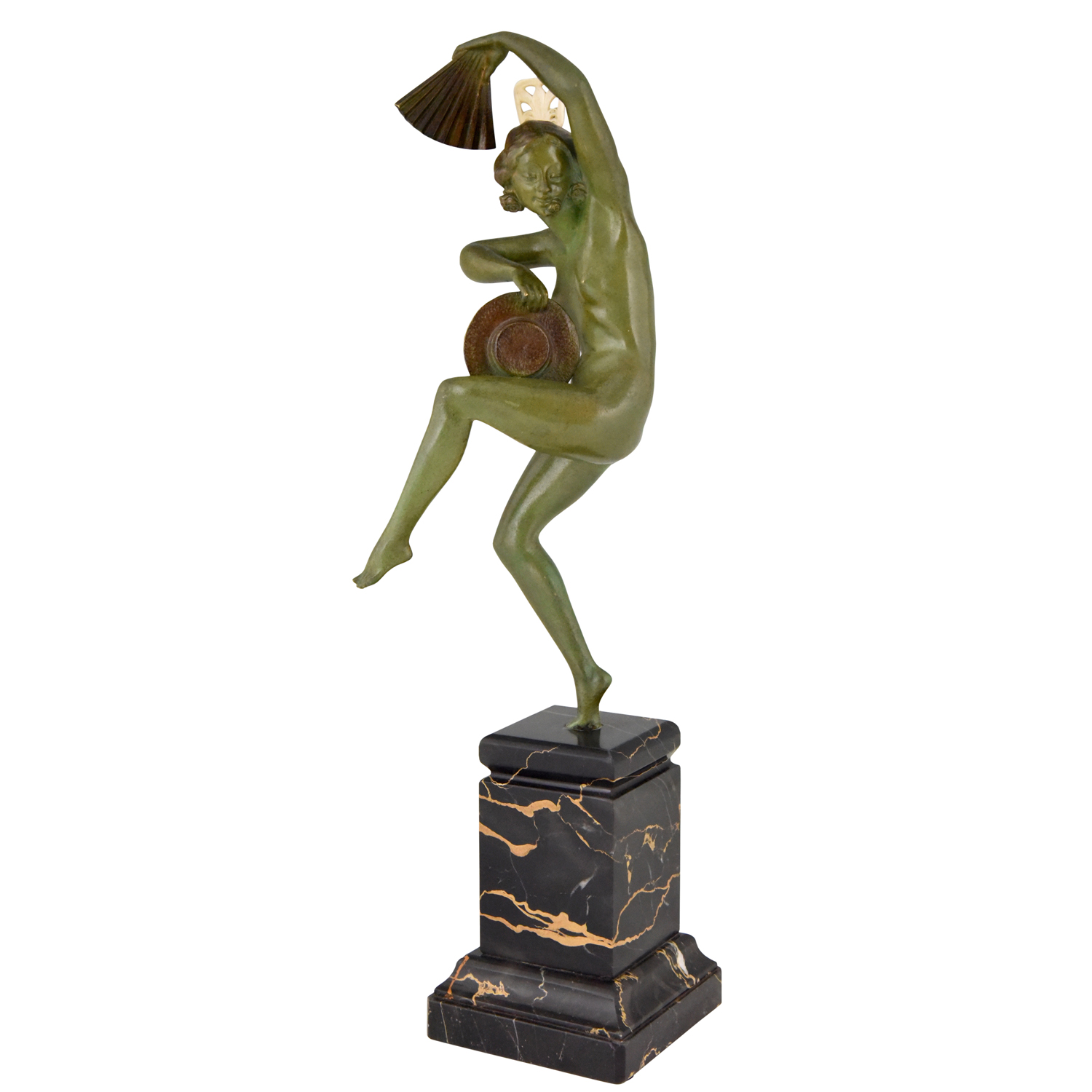 Art Deco bronze sculpture nude dancer with fan and hat