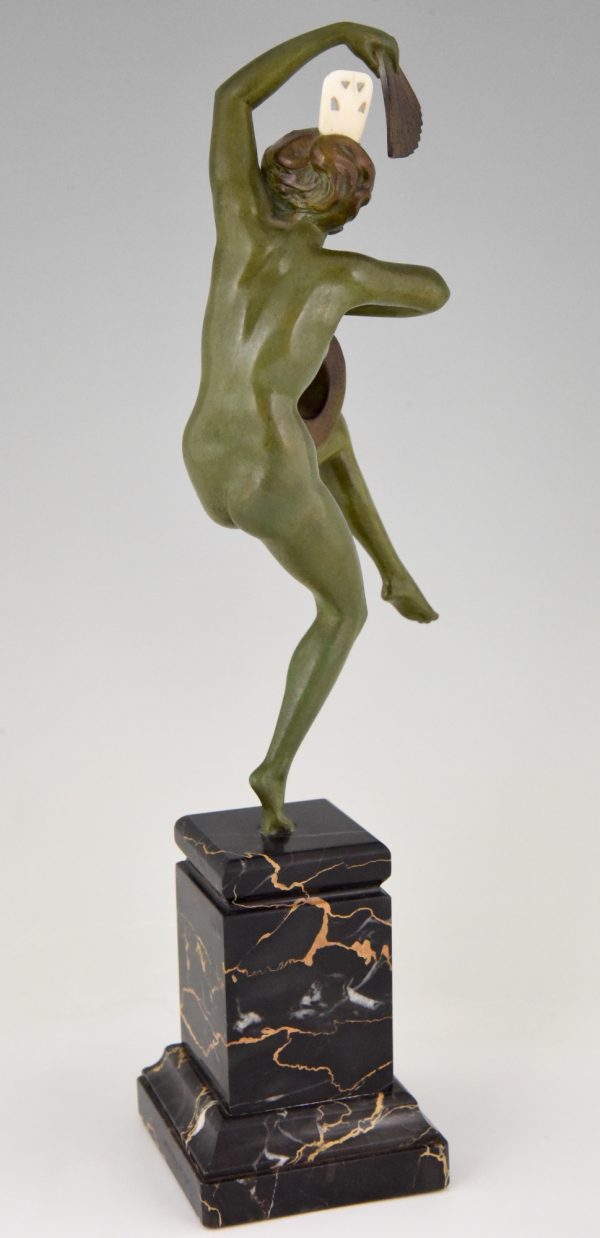 Art Deco bronze sculpture nude dancer with fan and hat