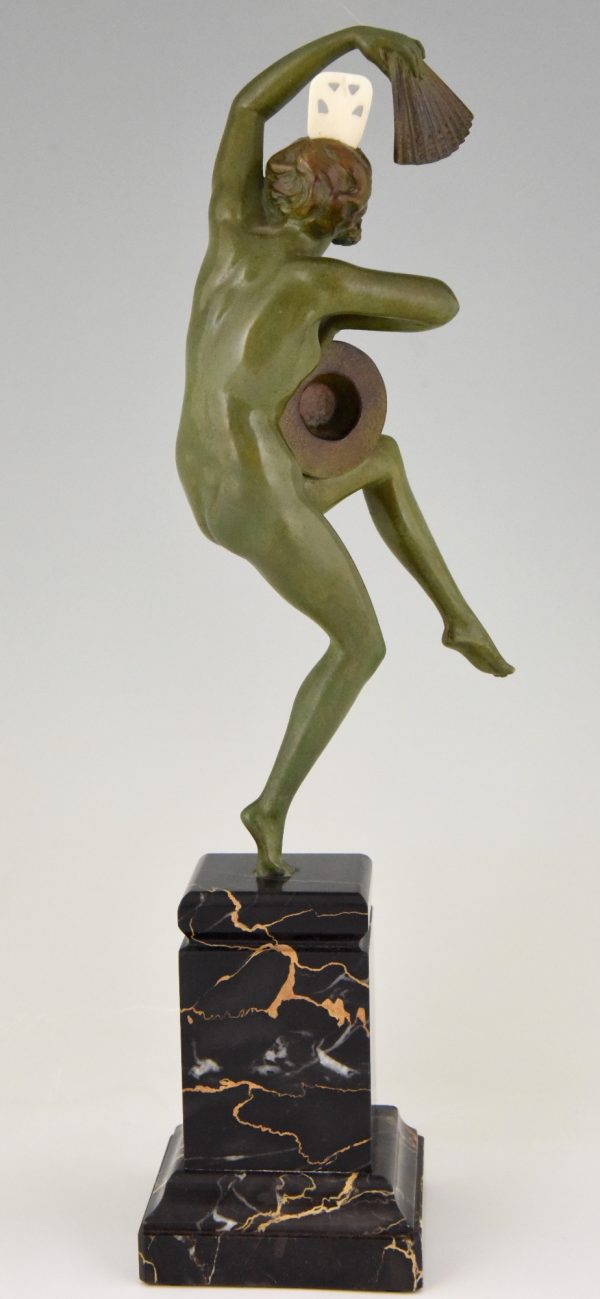 Art Deco bronze sculpture nude dancer with fan and hat