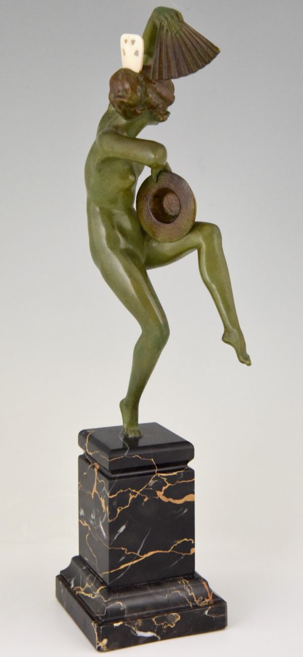 Art Deco bronze sculpture nude dancer with fan and hat