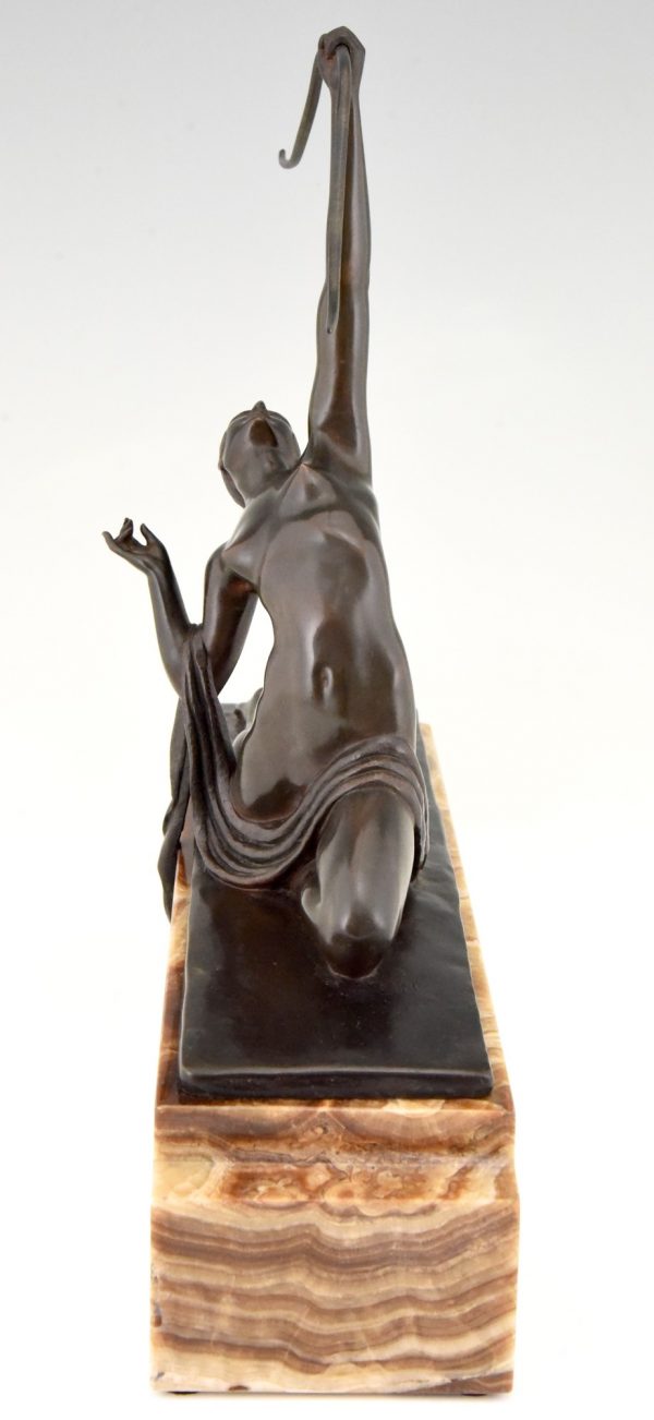 Art Deco bronze sculpture nude with bow Diana aiming