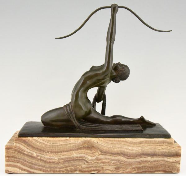 Art Deco bronze sculpture nude with bow Diana aiming