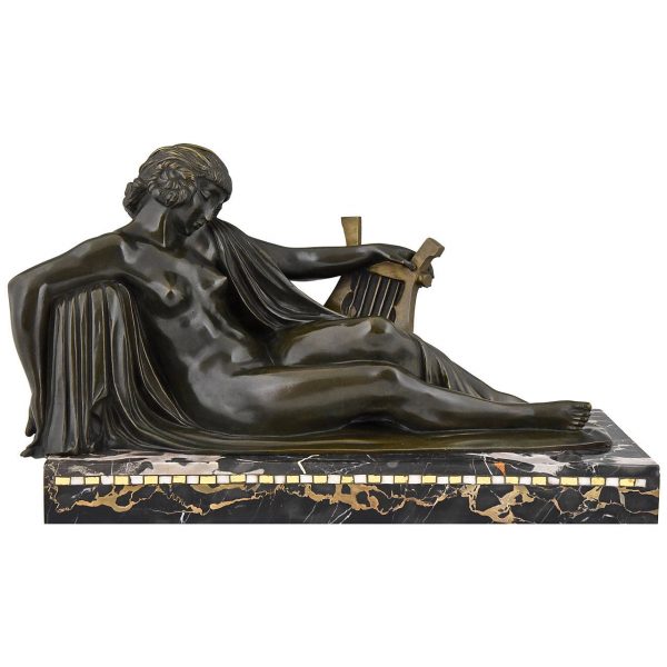 Art Deco bronzen beeld naakte vrouw met lier