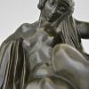 Art Deco bronzen beeld naakte vrouw met lier