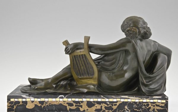 Art Deco sculpture bronze femme nue a la lyre