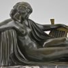 Art Deco bronzen beeld naakte vrouw met lier