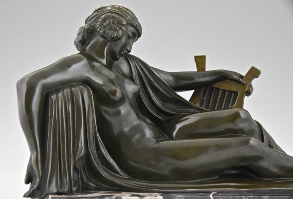 Art Deco bronzen beeld naakte vrouw met lier