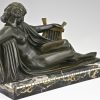 Art Deco bronzen beeld naakte vrouw met lier