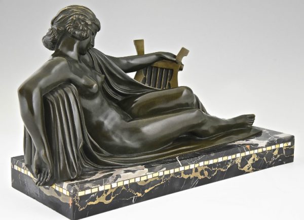 Art Deco bronze sculpture nude with lyre