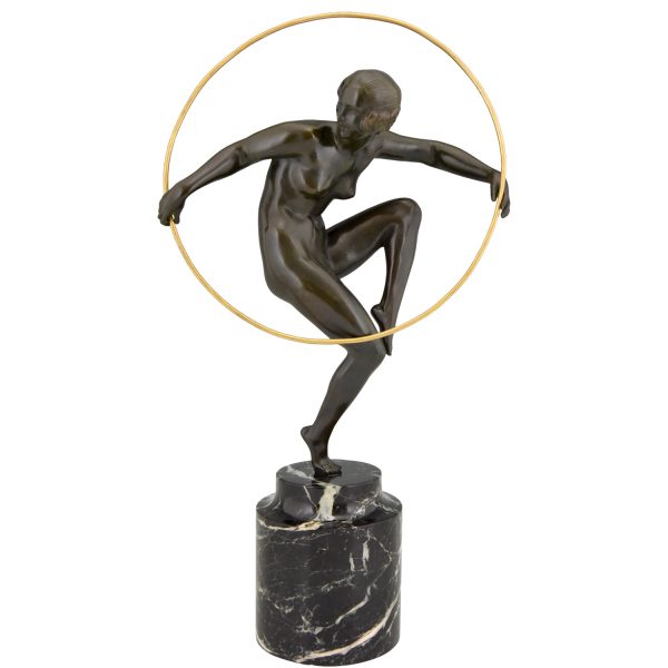 Art Deco bronze sculpture of a nude hoop dancer